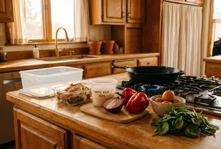 A kitchen counter set out for dinner: leftover roast chicken and white rice in containers, red peppers, half an onion, eggs and spinach beside a cast-iron skillet on the stove.