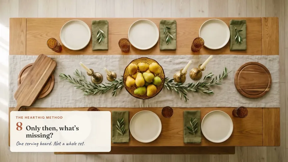 Household things gathered on a kitchen counter, then one oak table seen from above built up step by step: runner, plates and napkins, the bowl of pears, amber glasses, brass tapers and an olive garland, a sprig on each napkin, trivets, and finally a serving board.