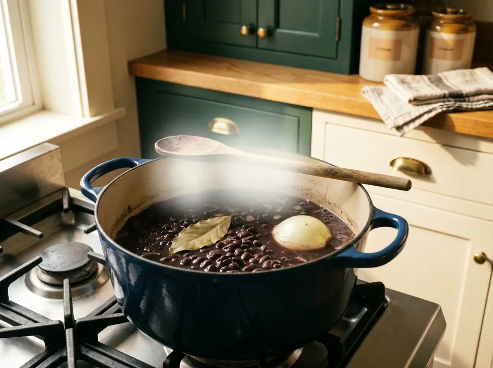An enameled Dutch oven of simmering black beans in their dark broth with a bay leaf and half an onion, steam rising, a wooden spoon on the rim.