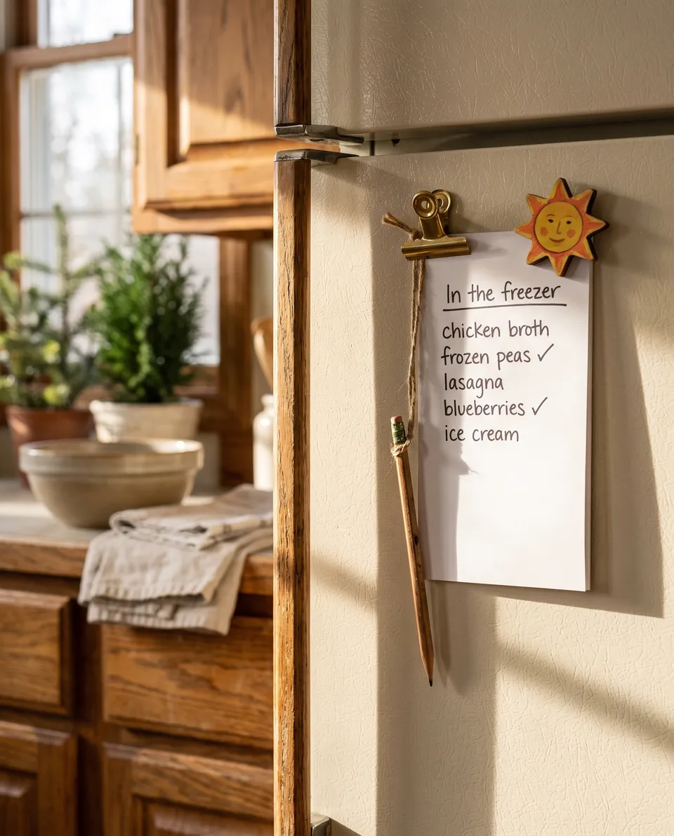 A handwritten freezer inventory on a magnetic notepad on the freezer door, with a pencil hanging from twine.