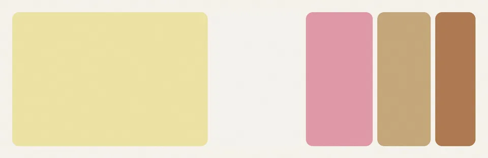 A color strip for a spring table: a wide band of pale yellow, then smaller bands of white, tulip pink, woven tan and eggshell brown.