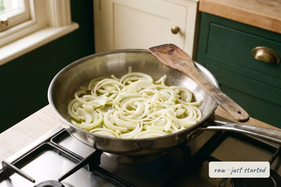 One skillet of sliced onions cooks down in stages: raw and pale, then soft at about 15 minutes, brown and sweet after 30, and dark and jammy after 45.