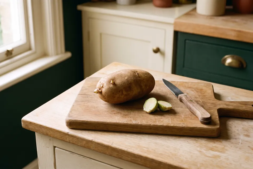 A firm russet potato with two small sprouts on a wooden cutting board, the cut-away sprouts and a paring knife beside it.