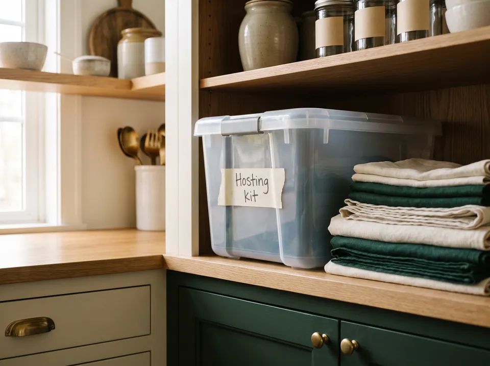 A clear storage tote with its lid on and a masking-tape label reading Hosting kit on a closet shelf beside a stack of folded tablecloths.