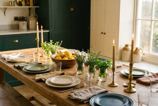 A farmhouse table set for eight with mismatched everyday plates, colorful napkins, jars of herbs, a bowl of lemons and tapered candles.
