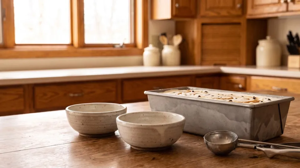 A loaf pan of frozen cottage cheese ice cream with peanut butter swirls and chocolate chips beside two empty bowls, then scoops of it filling both bowls.