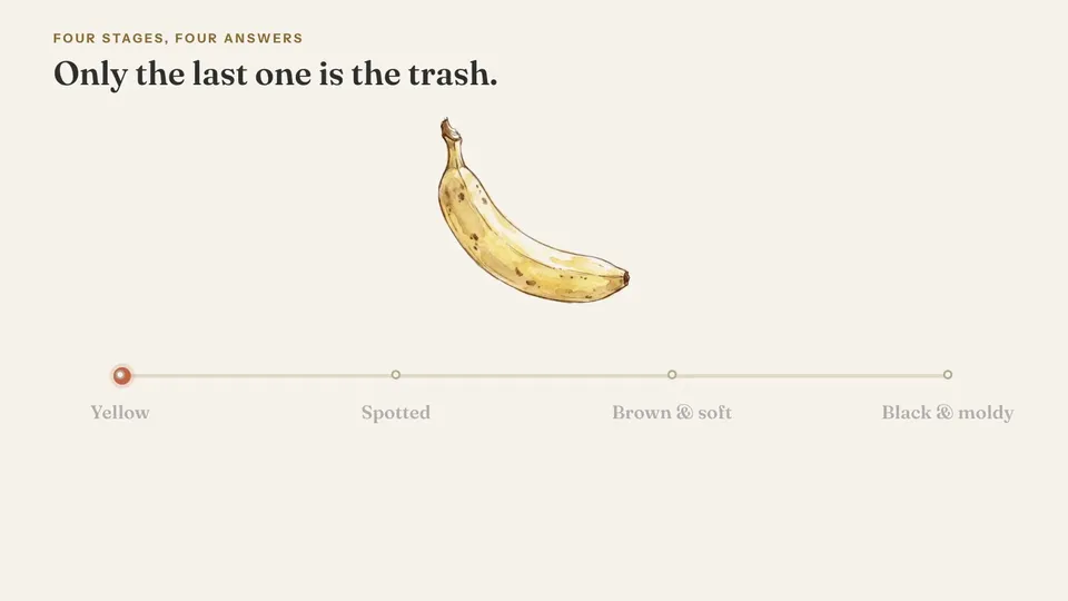 A hand-drawn banana moves through four stages: yellow, eat it; spotted, eat it or freeze it; brown and soft, banana bread or freeze it mashed; black and moldy, let it go.