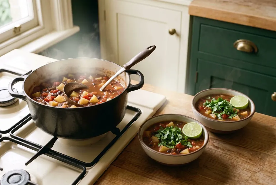 A pot of black bean soup with potatoes and tomatoes on a cream stove, a ladle in it, and two bowls topped with chopped cilantro and a lime half.