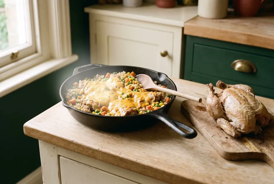 A skillet of cheesy chicken and brown rice with mixed vegetables under melted cheddar beside a picked-over rotisserie chicken on a cutting board.