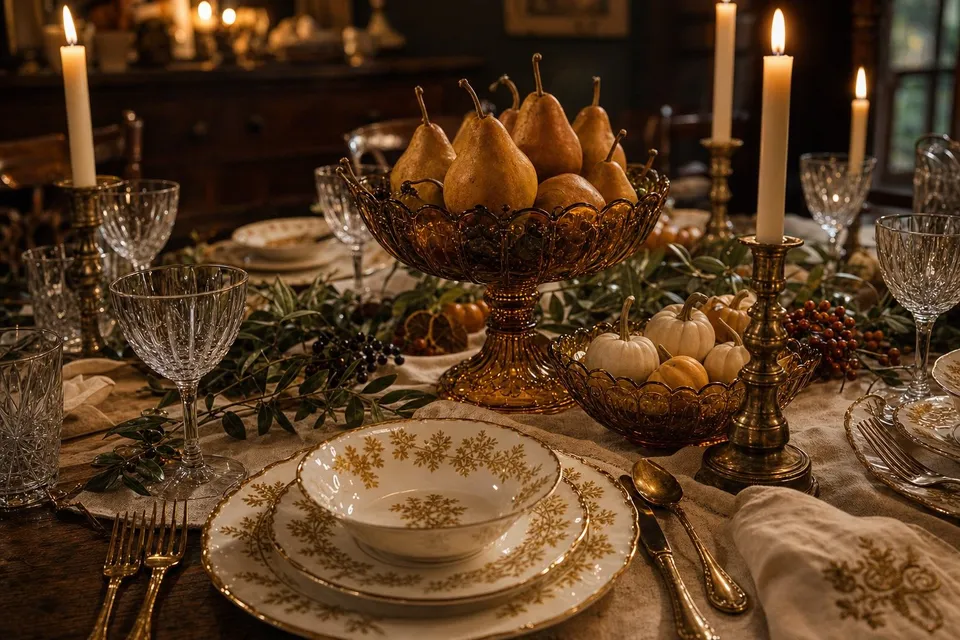 The Winter Solstice Supper table by candlelight: a tall amber glass compote of pears, a lower amber bowl of small white pumpkins, an olive branch garland on a linen runner, brass candlesticks, cut crystal and gold-patterned china.