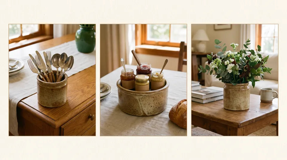 The same stoneware crock as a utensil holder on a buffet, a holder for jars of condiments, and a vase of garden flowers.