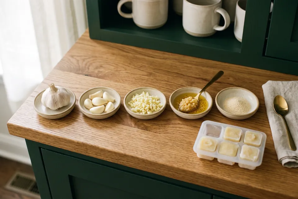 Overhead view of five small stoneware dishes on an oak counter holding a whole head of garlic, peeled cloves, minced garlic, jarred minced garlic in oil and garlic powder, beside a tray of frozen garlic cubes.
