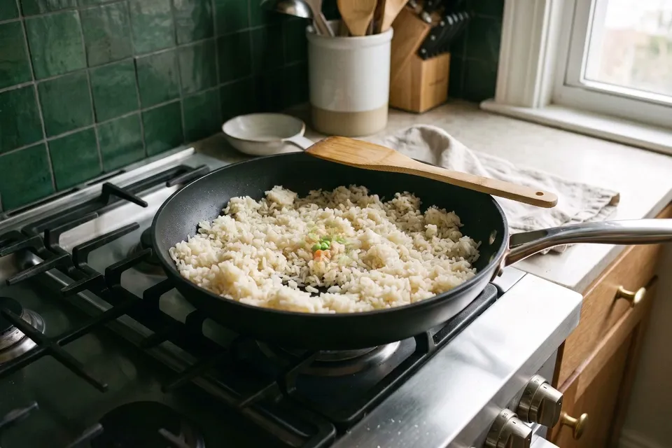 Yesterday's plain cold rice in a skillet on the stove turns into fried rice with peas, carrot and egg, and a little recipe card floats up out of the pan.