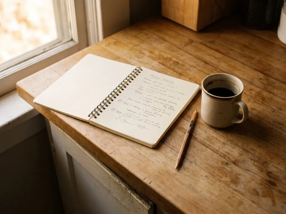An open spiral notebook with a handwritten page of notes on a wooden counter, beside a mug of coffee and a pencil.