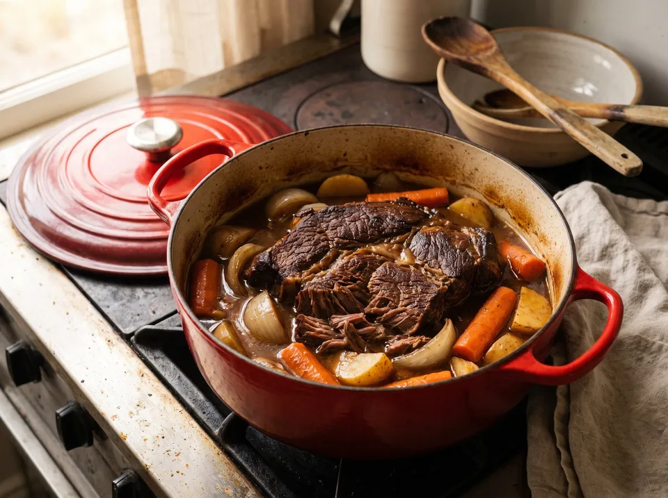 A pot roast in a red enameled cast-iron Dutch oven with the lid off: a browned chuck roast falling apart in gravy with carrots, onions and potatoes.