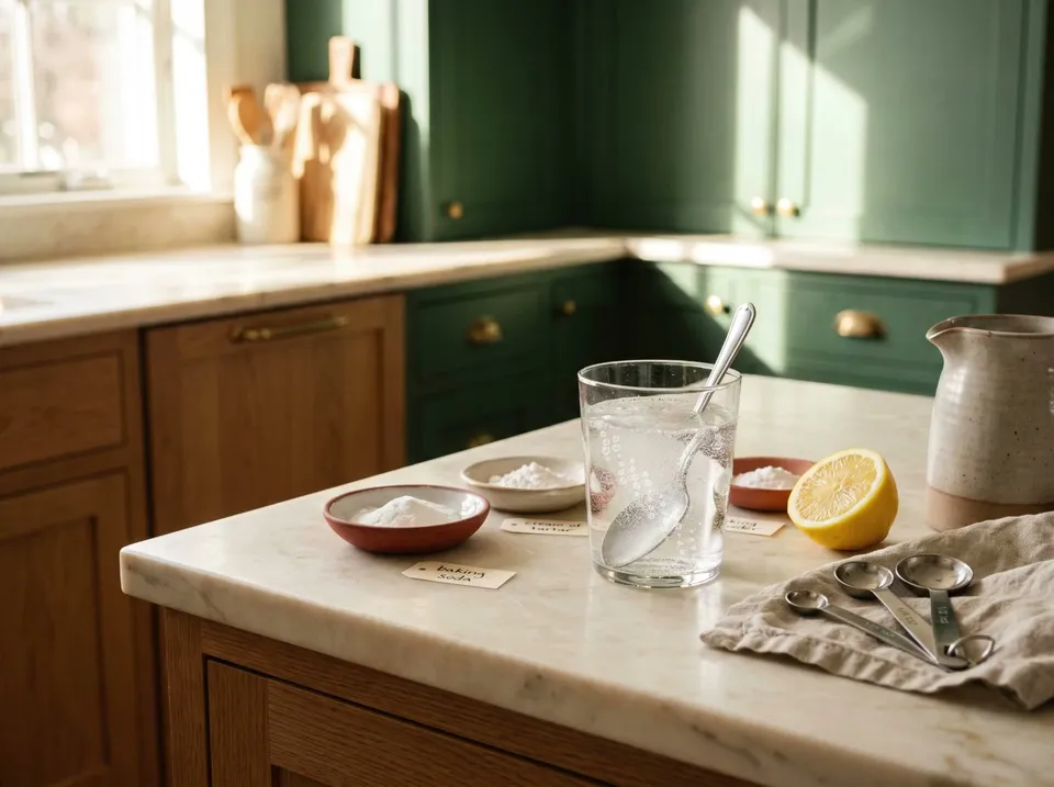 A small glass of water with white powder fizzing in it beside dishes of baking soda, cream of tartar and baking powder, a lemon half and stainless measuring spoons on a linen napkin.