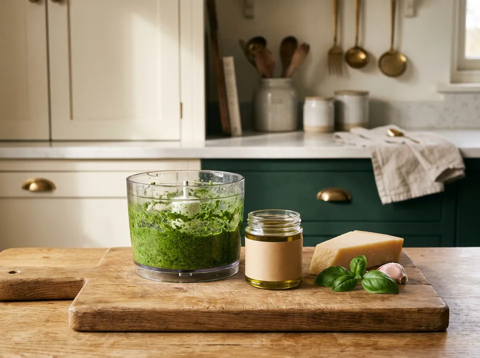 A food processor bowl of bright green basil pesto beside a small jar of pesto with a thin layer of oil on top, a wedge of parmesan, basil leaves and a garlic clove on an oak board.