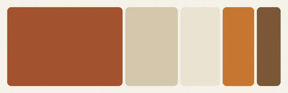 A color strip for a fall table: a wide band of rust, then smaller bands of oatmeal, cream, squash orange and warm brown wood.