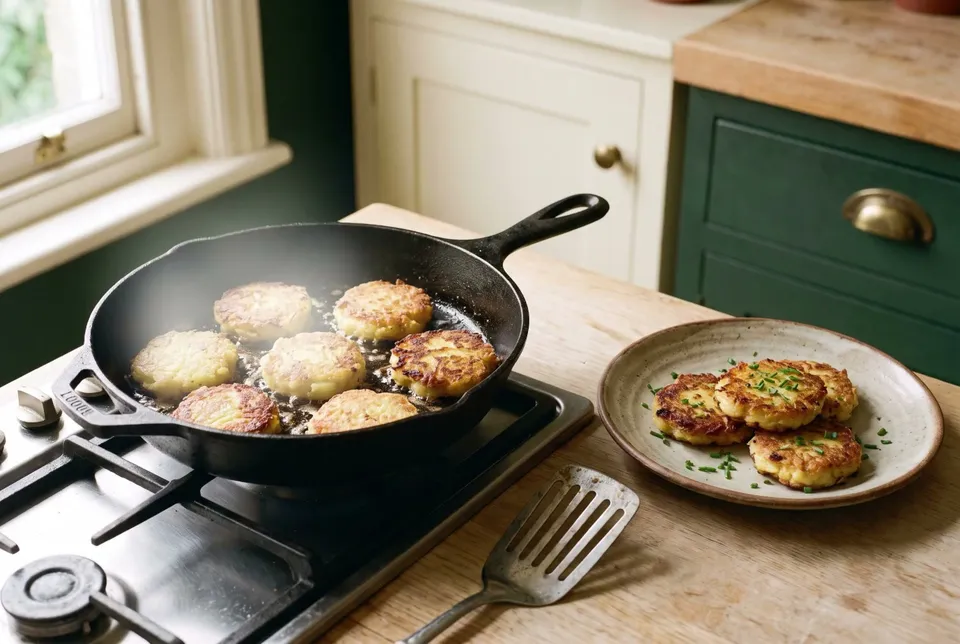 Golden potato cakes browning in a cast-iron skillet on the stove, more cakes on a plate beside it.