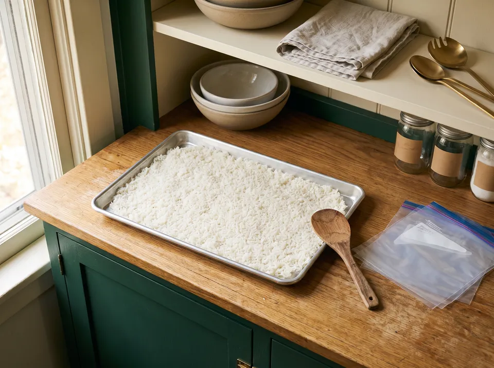 Cooked white rice spread in a thin even layer on a rimmed aluminum baking sheet on an oak counter, with a wooden paddle and empty freezer bags beside it.
