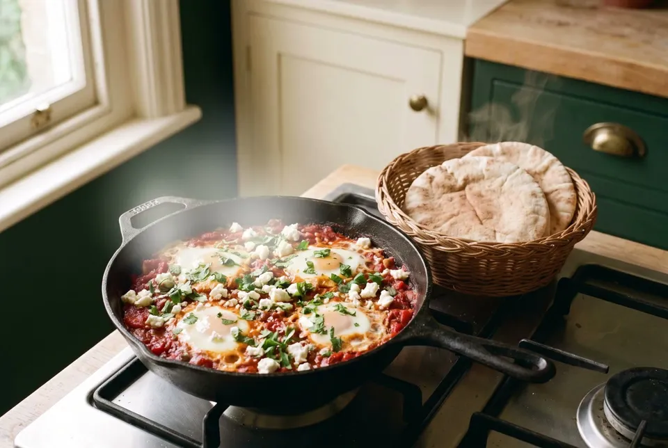 A cast-iron skillet of shakshuka with eggs set in a thick crushed-tomato sauce, topped with feta and cilantro, warm pita beside it.