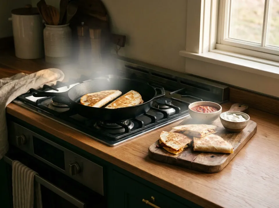 Two golden folded quesadillas browning in a black cast-iron skillet on a gas stove, with cut wedges, a bowl of salsa and a bowl of sour cream on a wooden board beside it.