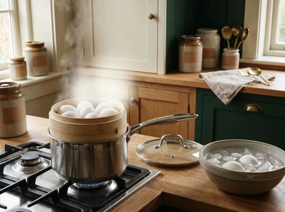 A steamer basket of white eggs in a saucepan on a gas burner, steam rising, the lid set aside, and a bowl of ice water with two eggs beside the stove.