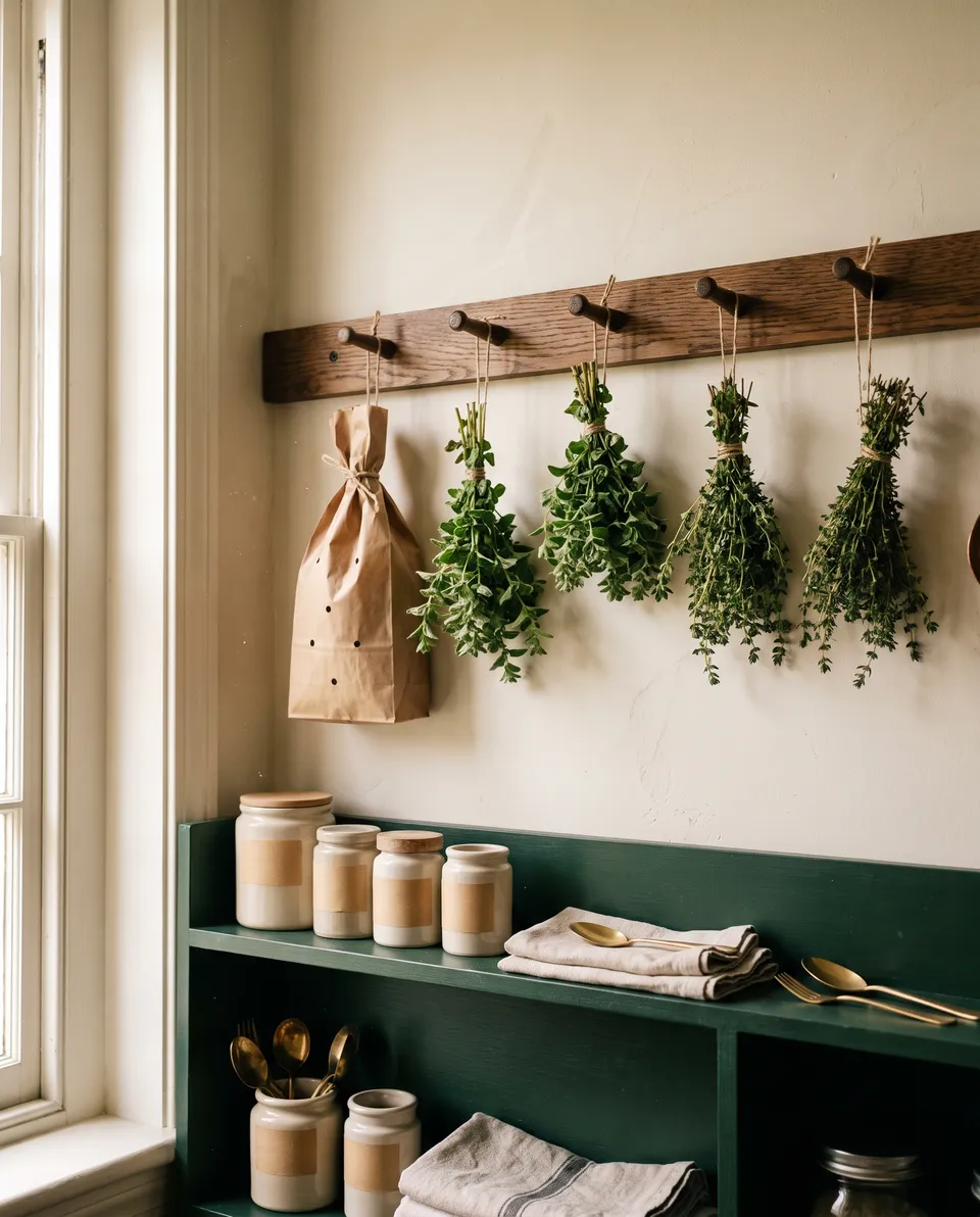 Small bundles of oregano and thyme tied with kitchen string hanging upside down from a wooden peg rail in a dim pantry corner, one bundle inside a paper bag with holes punched in it.
