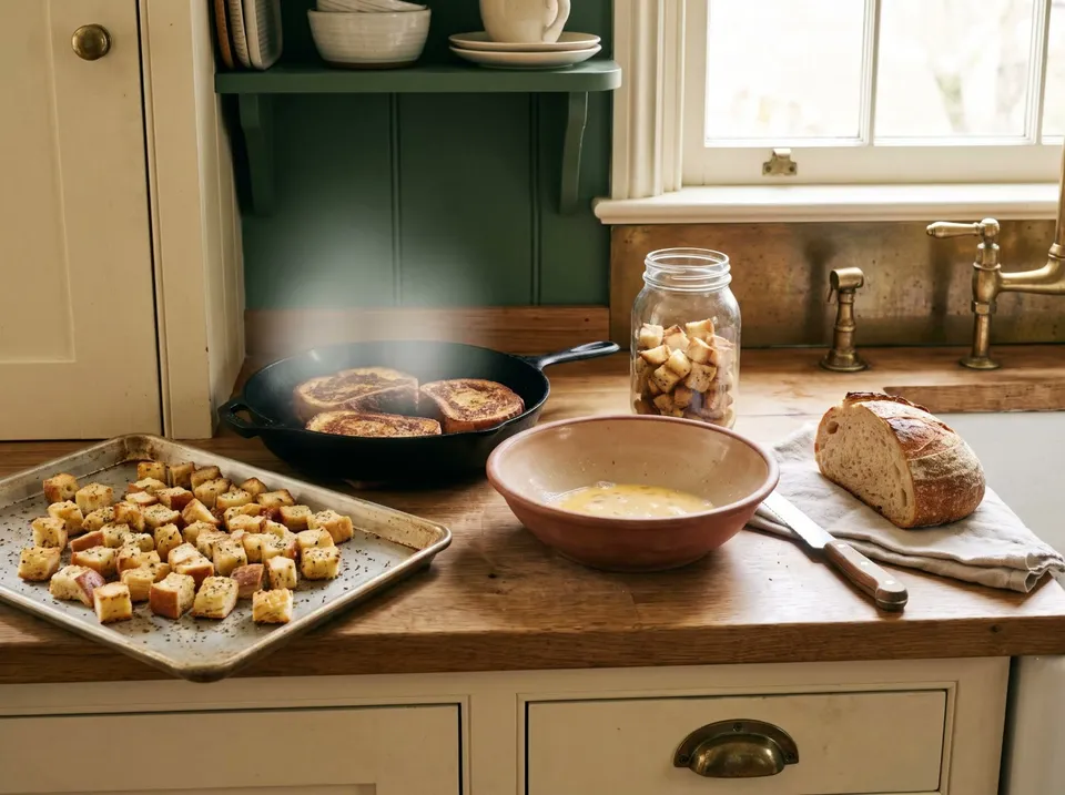 A baking sheet of golden herb croutons, a cast-iron skillet of browned French toast, a bowl of egg mixture, a jar of croutons and the heel of a day-old loaf with a bread knife on a wooden counter.