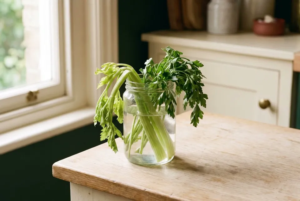 Limp, drooping celery and wilted parsley standing in a glass jar of cold water slowly stand back up, crisp and upright.