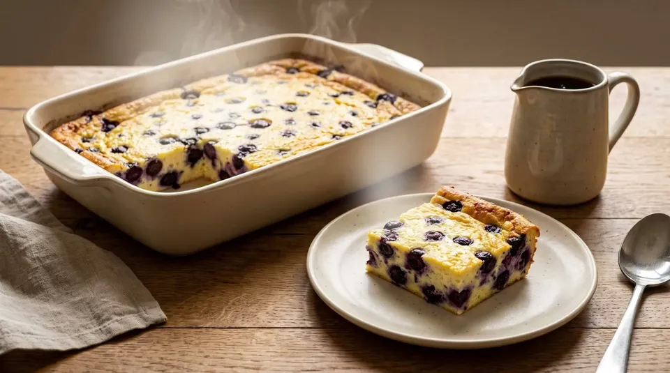 A baking dish of golden blueberry cottage cheese breakfast bake with a square cut out and served on a plate beside it, steam rising, a jug of syrup nearby.