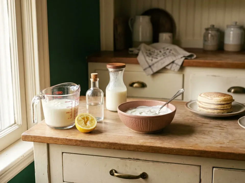 A glass measuring cup of milk just beginning to curdle beside a squeezed lemon half and a bottle of white vinegar, a bowl of thick yogurt with a spoon, and a short stack of pancakes behind.