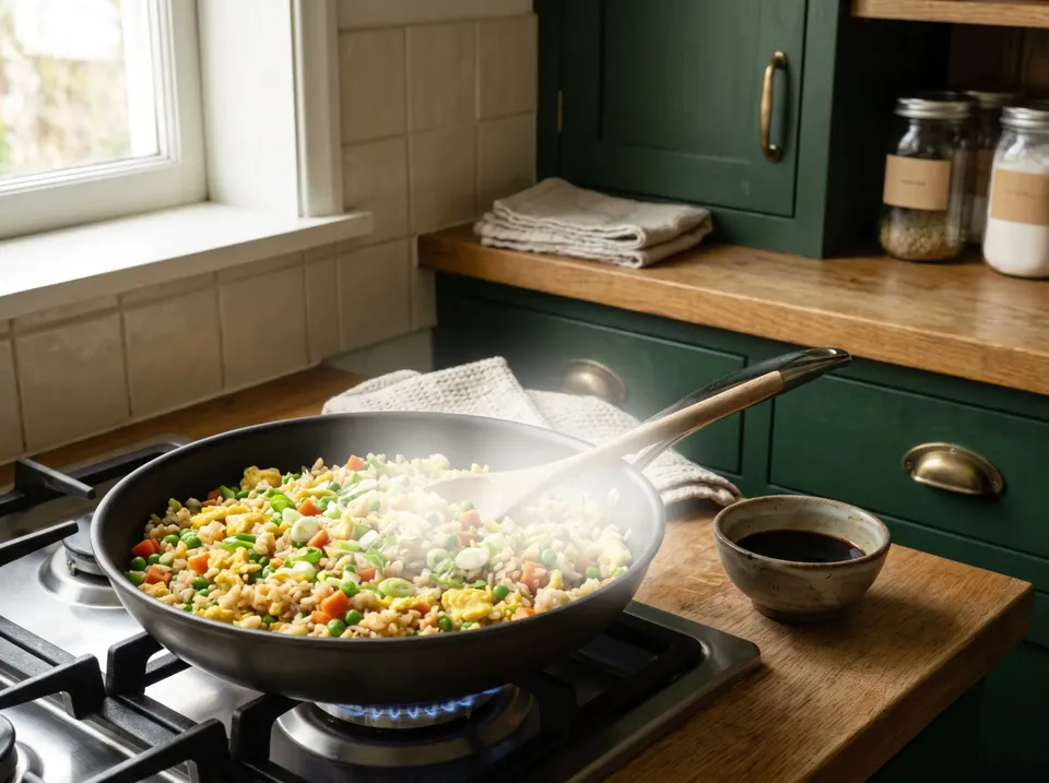 A large nonstick skillet of vegetable fried rice with scrambled egg, peas, carrot and scallions on a gas burner, a wooden spoon in the pan and a small bowl of soy sauce beside it.