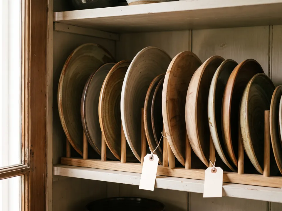 Large ceramic and wooden platters stored upright on their edges in a wooden dish rack inside a cabinet, like files.