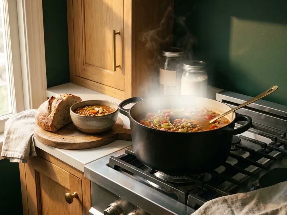 A pot of lentil soup with carrots, celery and tomatoes on a stove with steam rising, a ladle in it, and a filled bowl beside a slice of crusty bread.