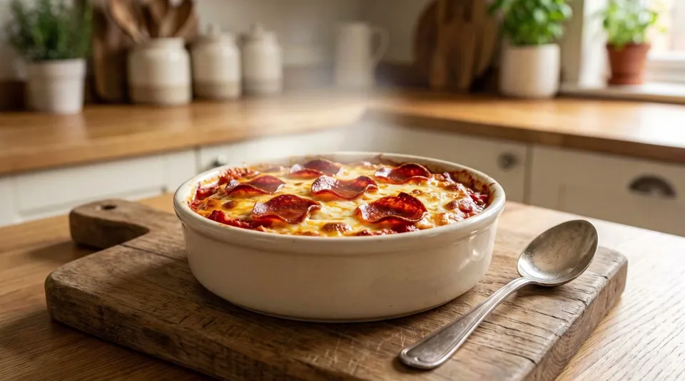 A round cream baking dish of bubbling cottage cheese pizza bowl with golden mozzarella and crisp pepperoni, steam rising, on a wooden board with a spoon beside it.