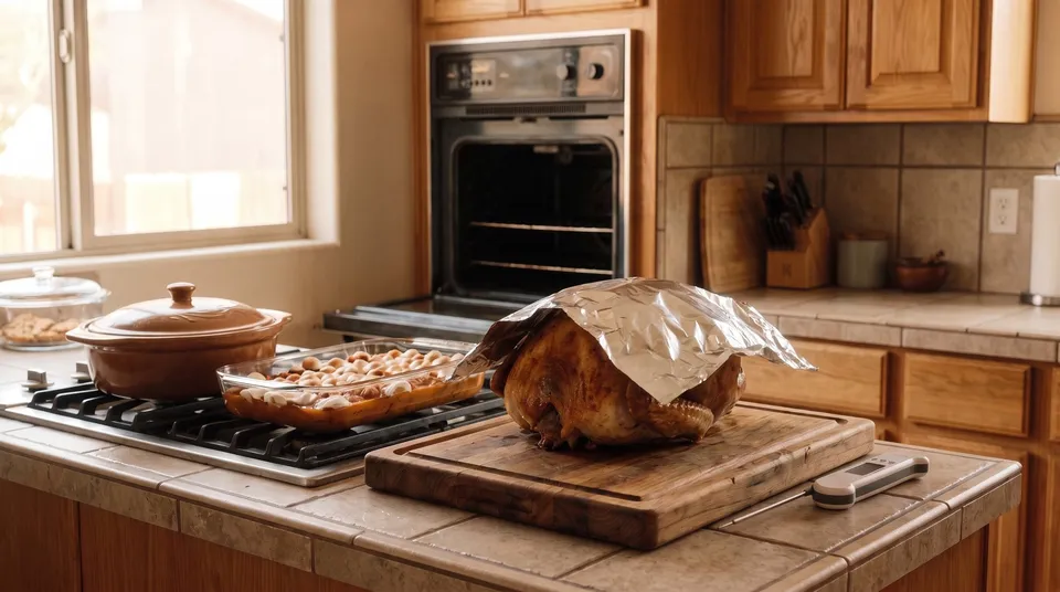 A roast turkey resting on a wooden carving board under a loose tent of foil, an instant-read thermometer beside it, with a covered pot and a dish of sweet potatoes on the stove and the empty wall oven behind.