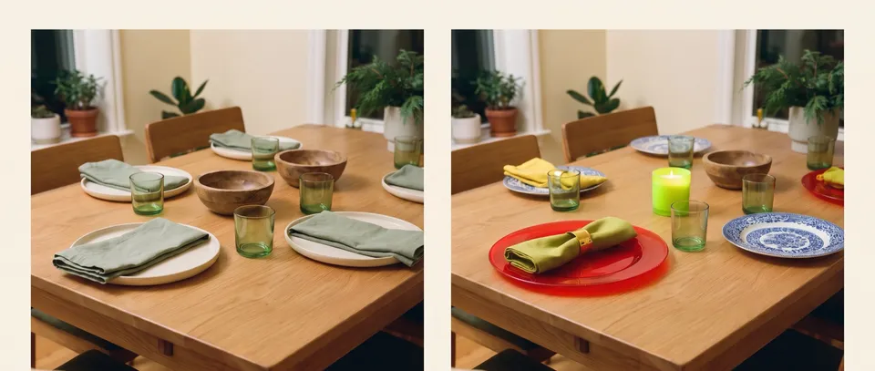 Two versions of a table: one where white plates, sage napkins, linen napkins, green glass and wooden bowls share a soft natural palette, and one with a glossy red charger, a gold napkin ring, a neon candle and a blue patterned plate thrown in.