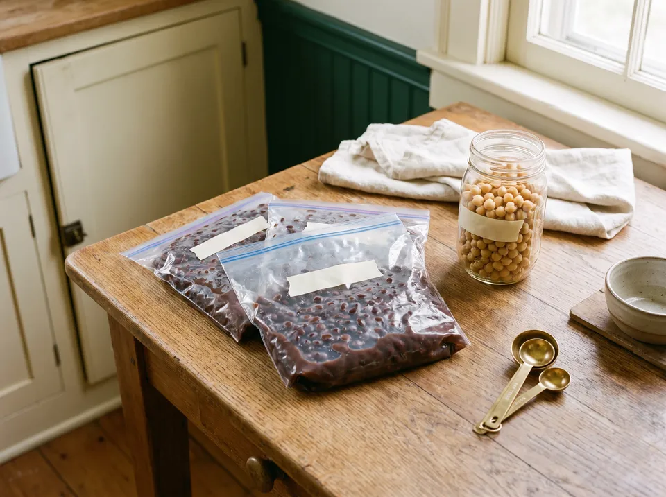 Three quart freezer bags of cooked beans in a little of their liquid pressed flat and labeled with masking tape, beside a pint glass jar of cooked chickpeas.