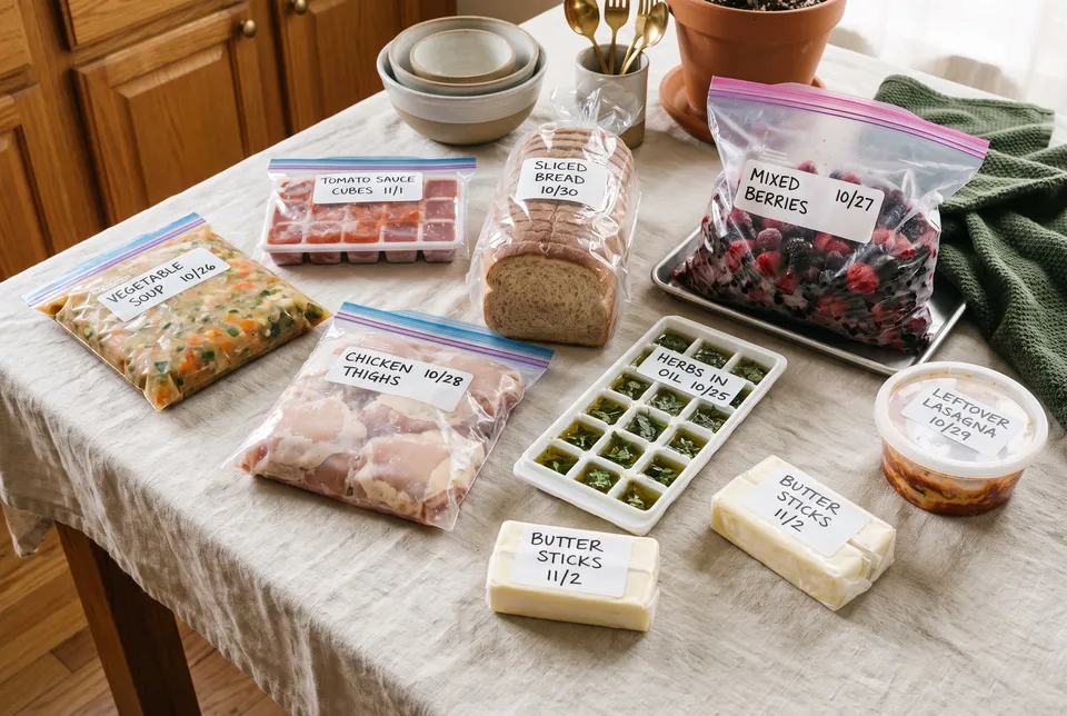 Foods packed for the freezer on a linen table: flat soup bags, sauce cubes, portioned chicken, double-bagged bread, tray-frozen berries and herbs frozen in oil.