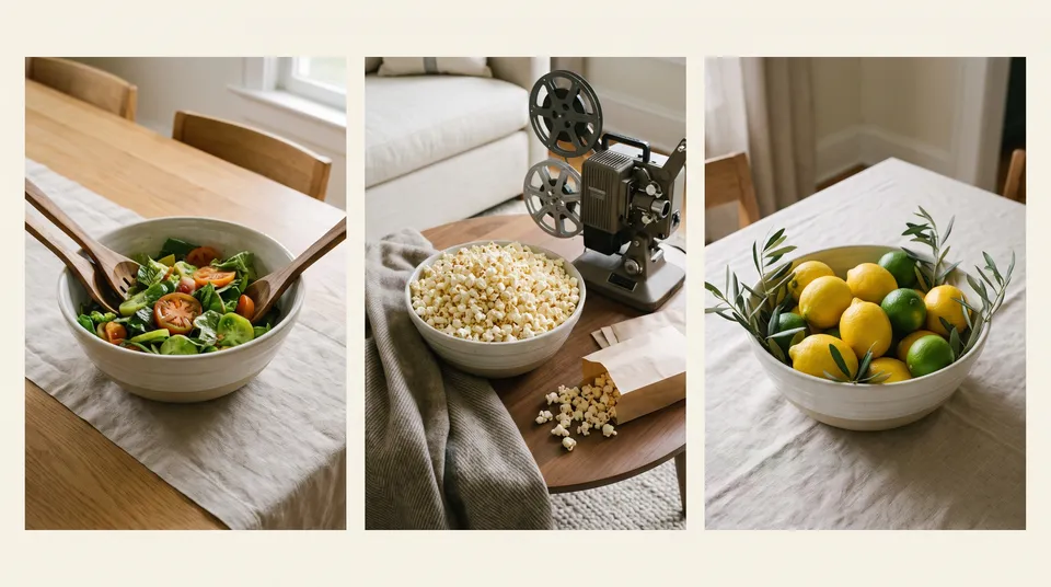 The same large ceramic mixing bowl as a salad bowl with wooden servers, a big bowl of popcorn for movie night, and a bowl of lemons and limes on the table.
