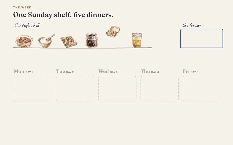 A hand-drawn week: Sunday's shelf of chicken, rice, roasted vegetables, beans, eggs and dressing. Each night takes what it needs: Monday bowls, Tuesday tacos, Wednesday fried rice, Thursday frittata. On Thursday what's left goes into the freezer, and Friday's soup comes back out of it.
