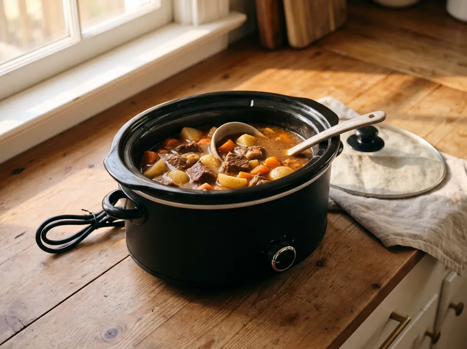 A black electric slow cooker on a wooden counter with its glass lid set aside, full of beef stew with chunks of beef, potatoes and carrots, a ladle resting in it.