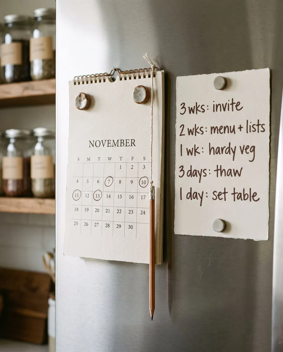 A paper calendar for November on a refrigerator door with a few dates circled in pencil, and beside it a card reading: 3 wks invite, 2 wks menu and lists, 1 wk hardy veg, 3 days thaw, 1 day set table.