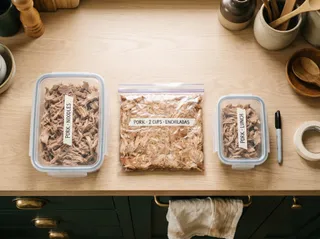 Shredded pork divided on a counter into a container labeled pork noodles, a freezer bag labeled pork 2 cups enchiladas, and a small container labeled pork lunch, with masking tape and a marker.