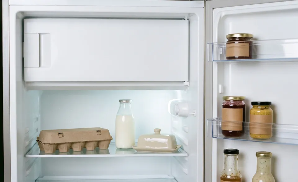 An open refrigerator with a closed cardboard egg carton on a middle glass shelf beside a bottle of milk and a covered butter dish, the door shelves holding only jars of jam, mustard and dressing.