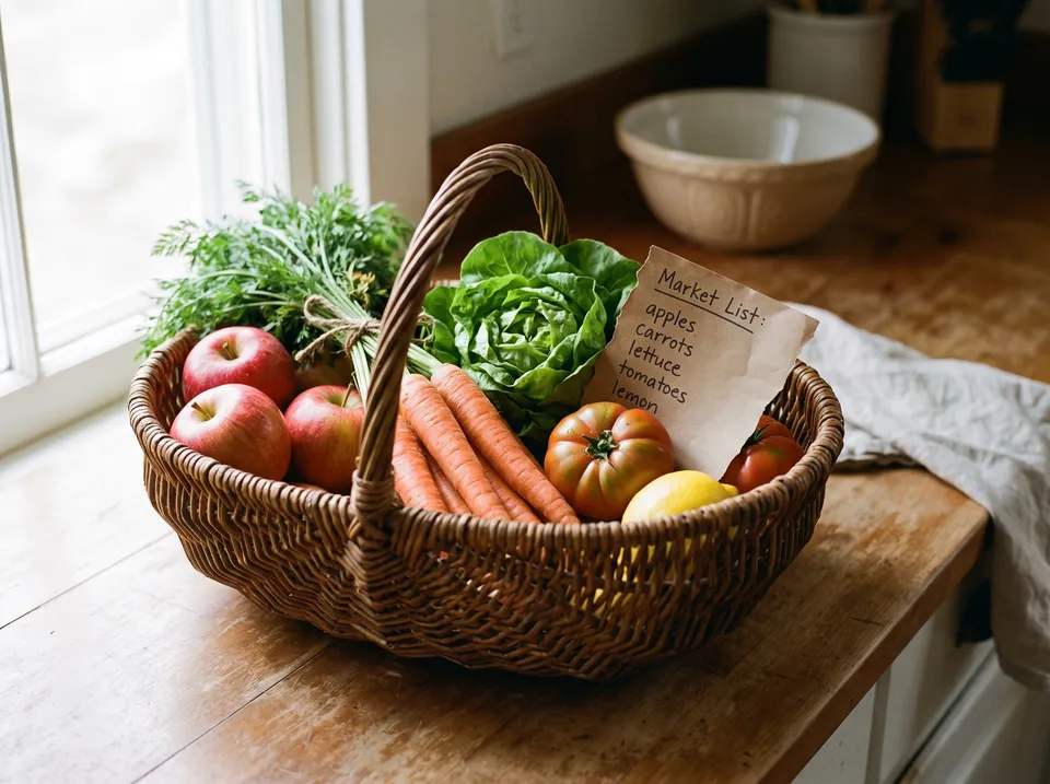 A small woven basket on a kitchen counter holding a few days of produce: three apples, carrots, a small lettuce, two tomatoes and a lemon, with a short handwritten list tucked in.