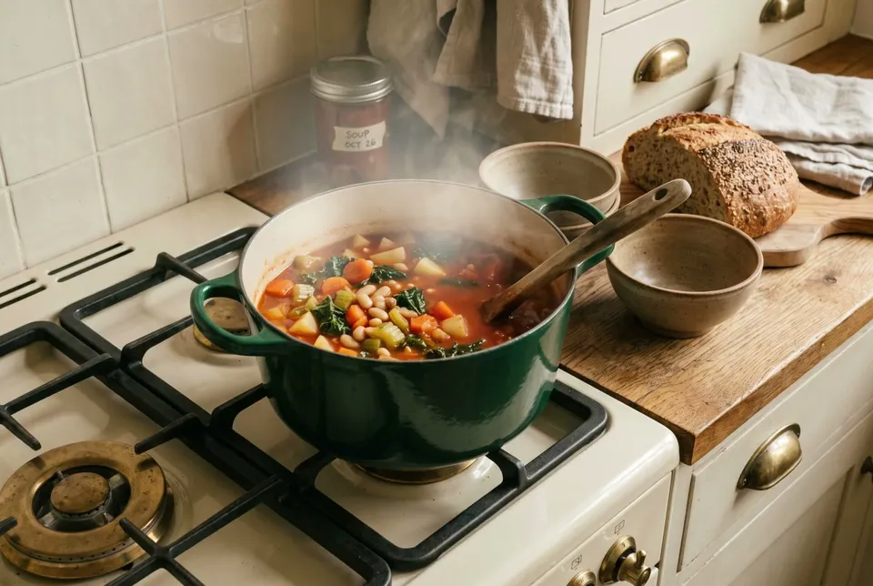 A green enameled Dutch oven of vegetable and white bean soup with carrots, potatoes and kale simmering on a cream stove, empty bowls and a loaf of bread beside it.