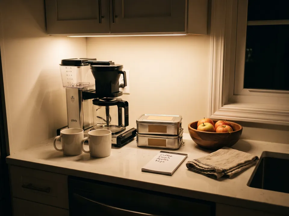 A tidy counter at night with the coffee maker ready and two clean mugs, two packed lunch boxes, a bowl of apples, a notepad with a handwritten list and a folded towel.