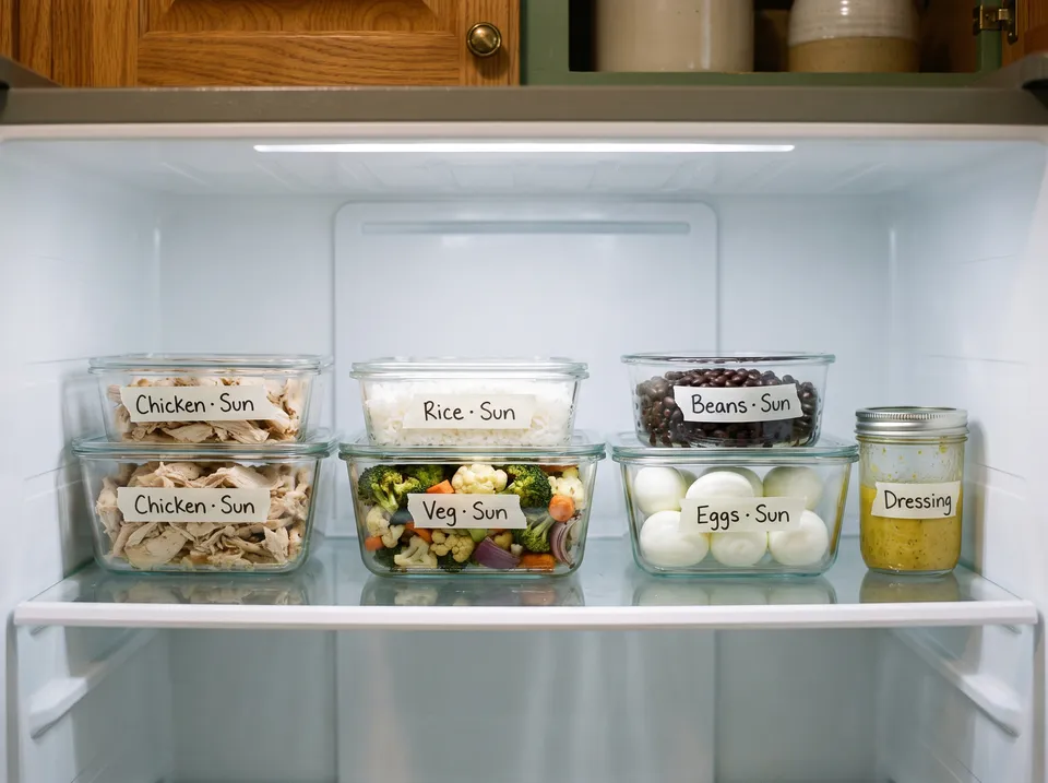 One refrigerator shelf holding labeled glass containers of shredded chicken, white rice, roasted vegetables, black beans and peeled hard-cooked eggs, with a jar of mustard dressing at the end.
